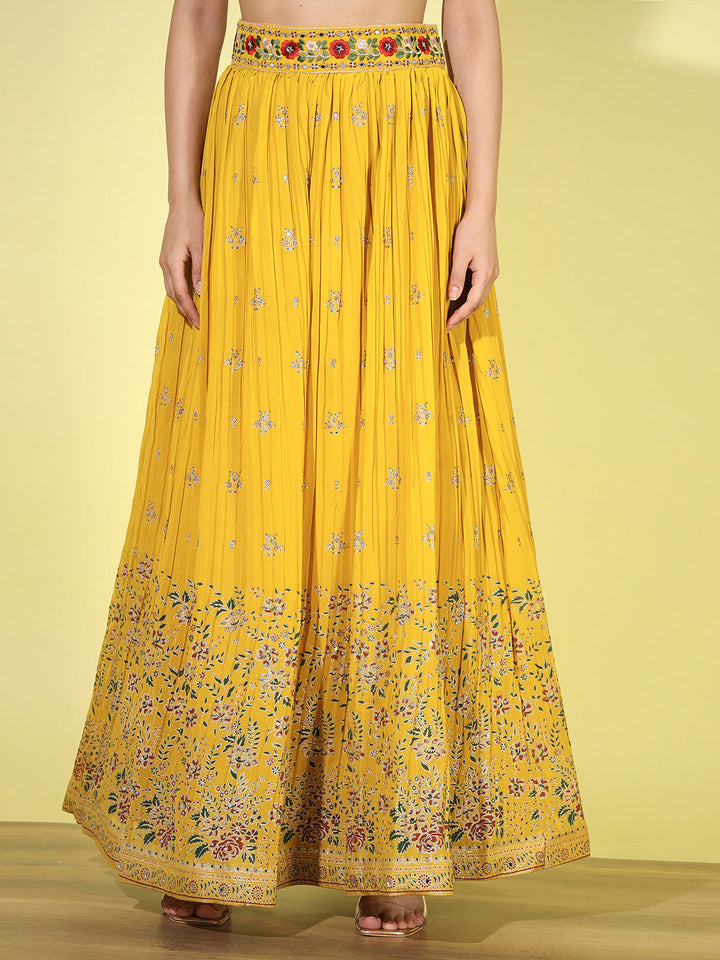 Resham Mirror Embroidered Georgette Blouse with Floral Pleated Lehenga