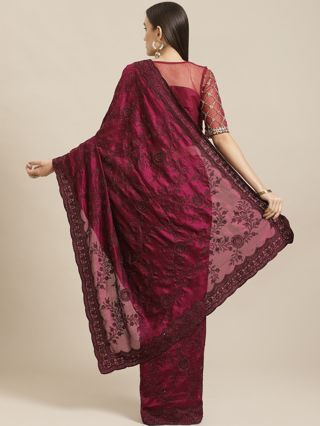 Burgundy Raw Silk Scalloped Cut Work Saree with Stone & Resham Thread Embroidery
