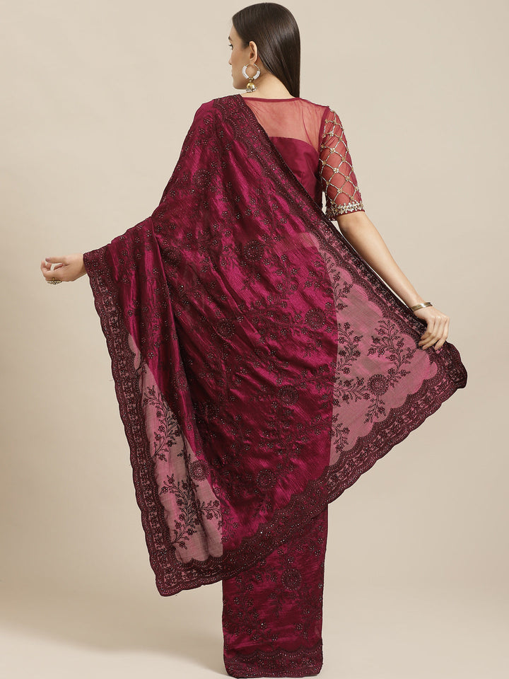 Burgundy Raw Silk Scalloped Cut Work Saree with Stone & Resham Thread Embroidery