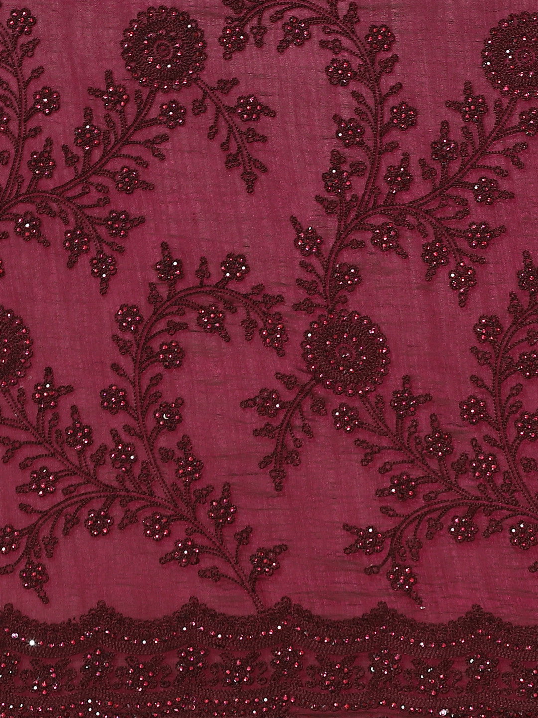 Burgundy Raw Silk Scalloped Cut Work Saree with Stone & Resham Thread Embroidery