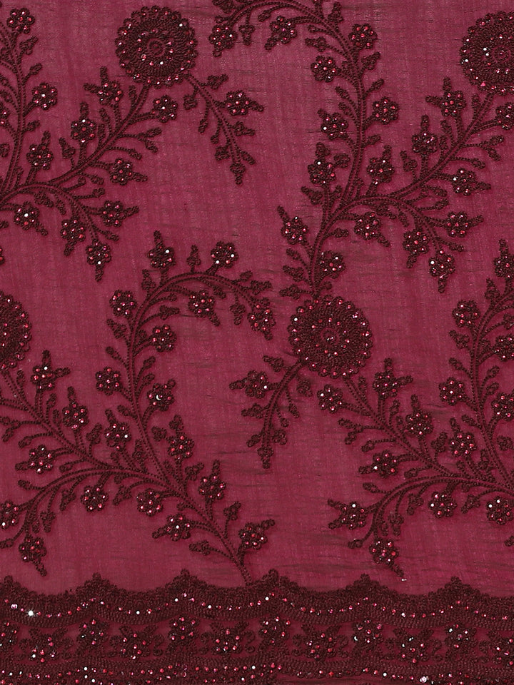 Burgundy Raw Silk Scalloped Cut Work Saree with Stone & Resham Thread Embroidery