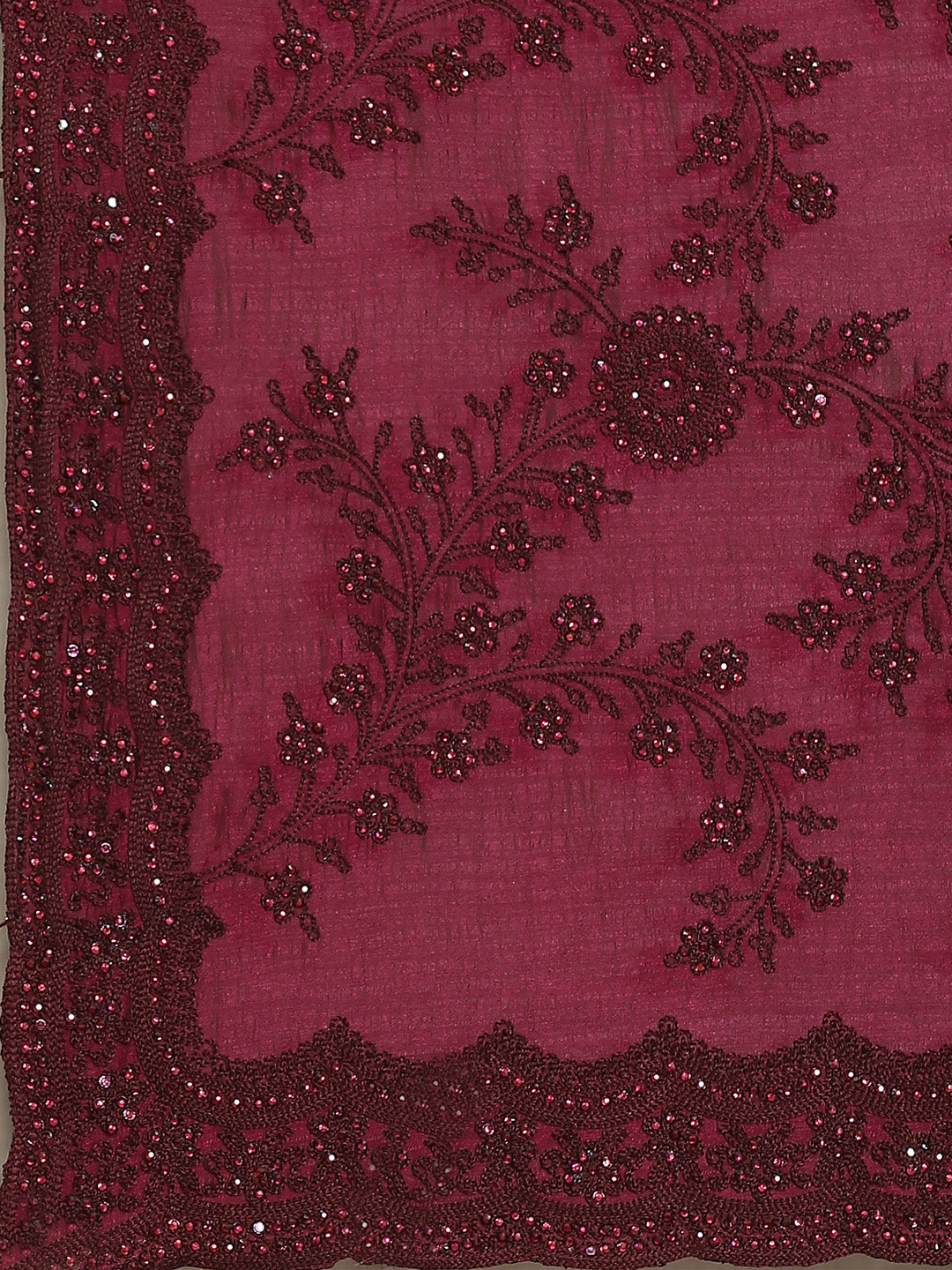 Burgundy Raw Silk Scalloped Cut Work Saree with Stone & Resham Thread Embroidery
