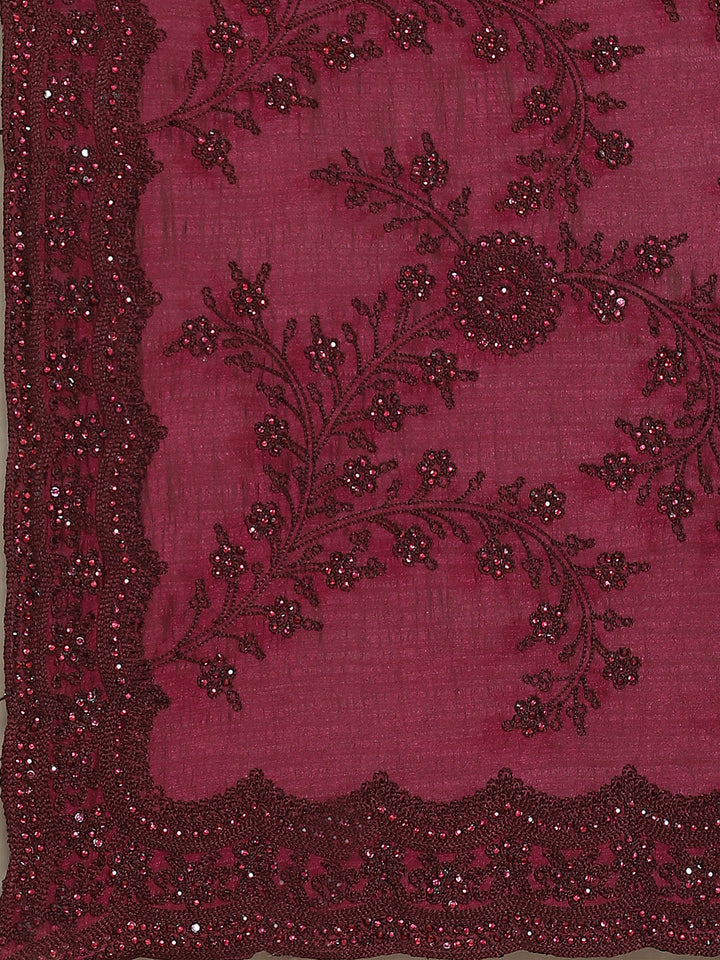 Burgundy Raw Silk Scalloped Cut Work Saree with Stone & Resham Thread Embroidery