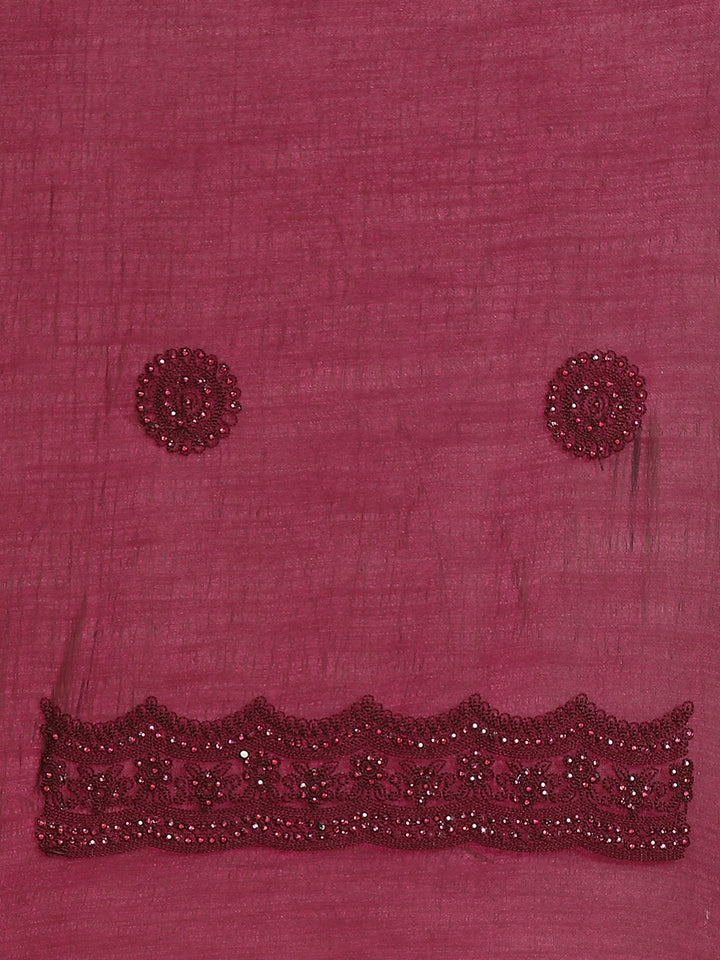 Burgundy Raw Silk Scalloped Cut Work Saree with Stone & Resham Thread Embroidery