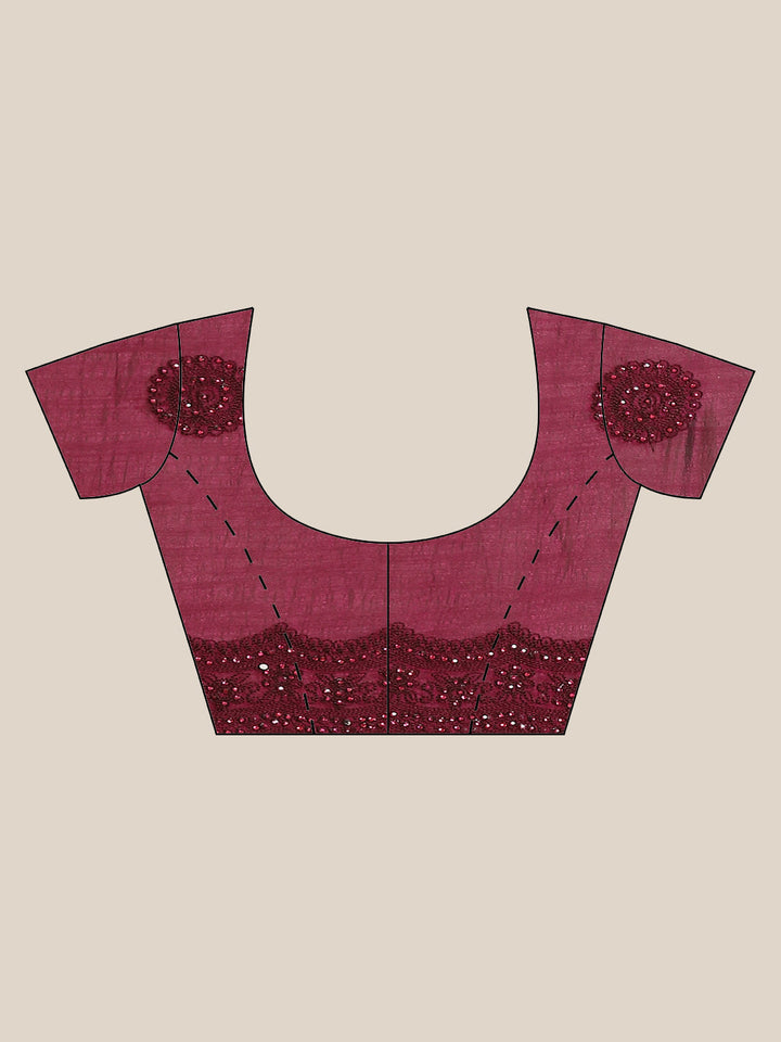 Burgundy Raw Silk Scalloped Cut Work Saree with Stone & Resham Thread Embroidery