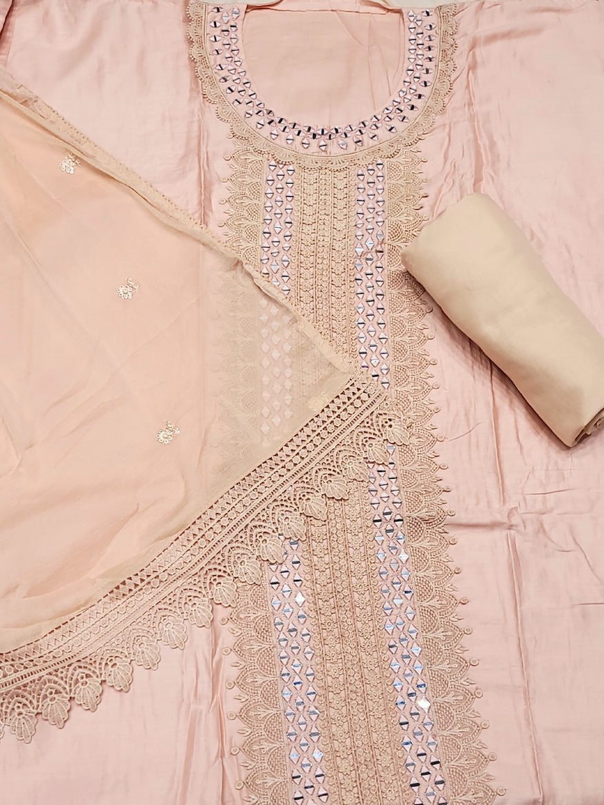 Mirror Embellished & Resham Embroidered Cotton Suit Dupatta with Crochet Cut work Laces