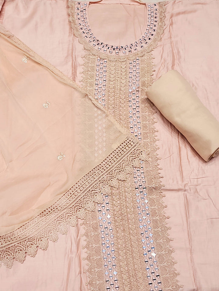 Mirror Embellished & Resham Embroidered Cotton Suit Dupatta with Crochet Cut work Laces