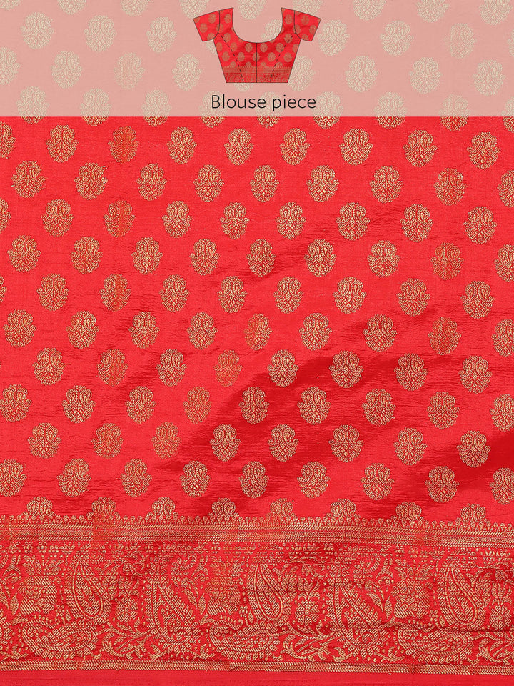 Cream Red Banarasi Paisley Motifs Stone Embellished Silk Saree