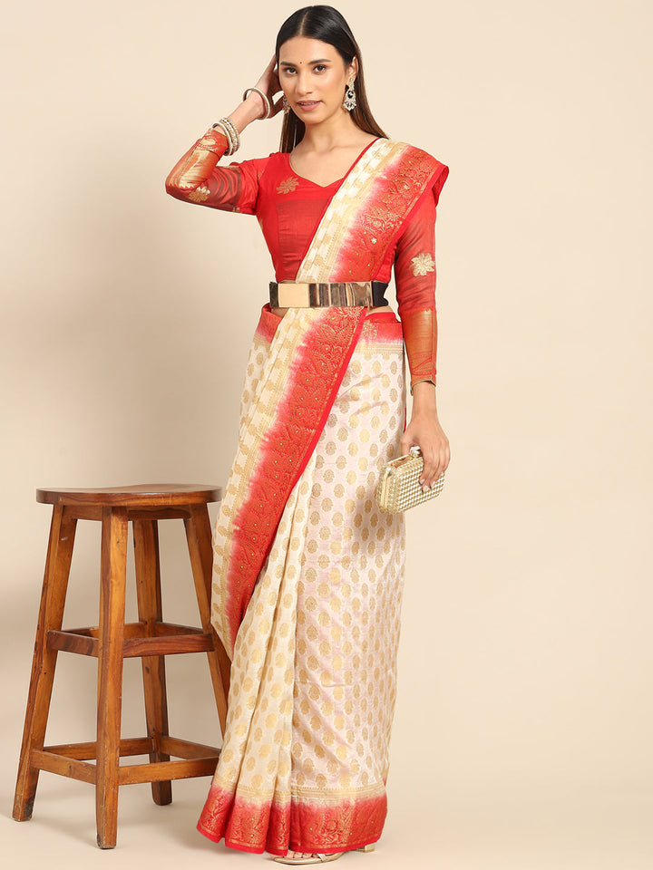 Cream Red Banarasi Paisley Motifs Stone Embellished Silk Saree