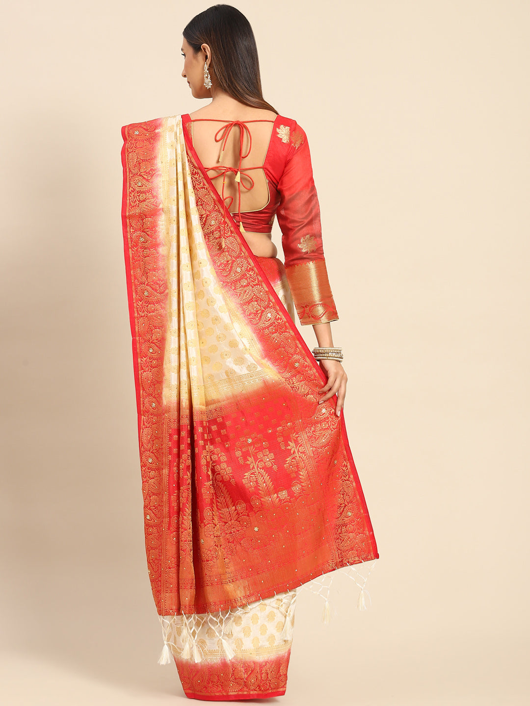 Cream Red Banarasi Paisley Motifs Stone Embellished Silk Saree