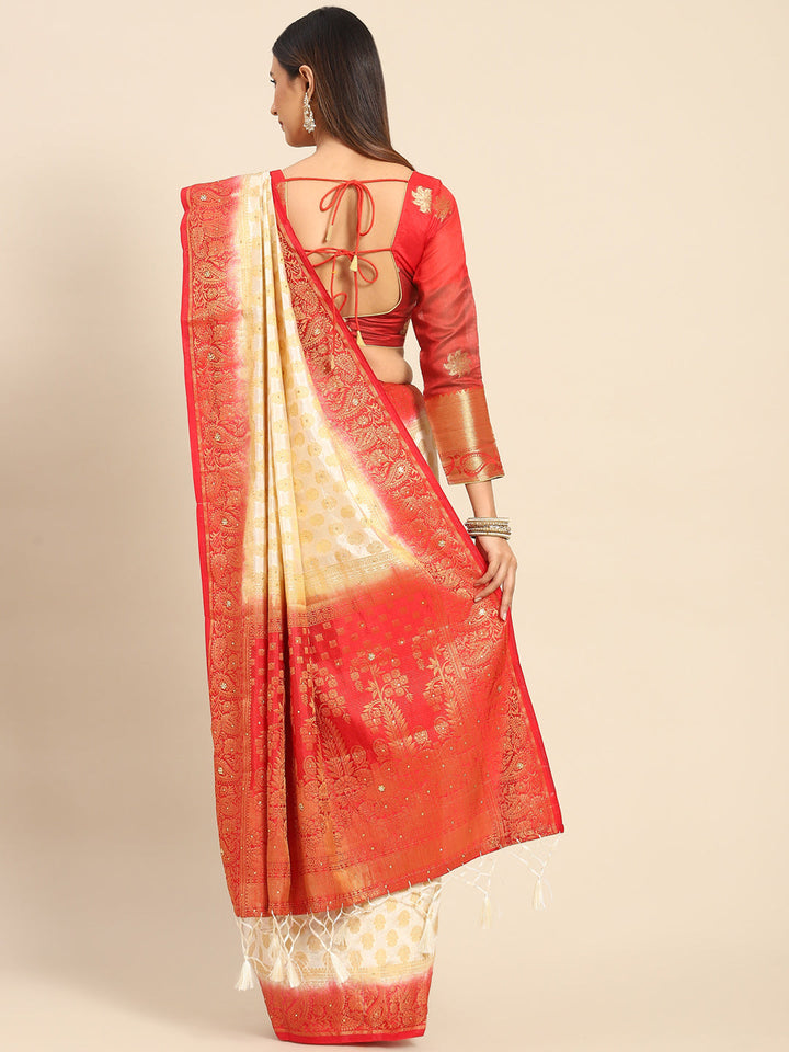 Cream Red Banarasi Paisley Motifs Stone Embellished Silk Saree