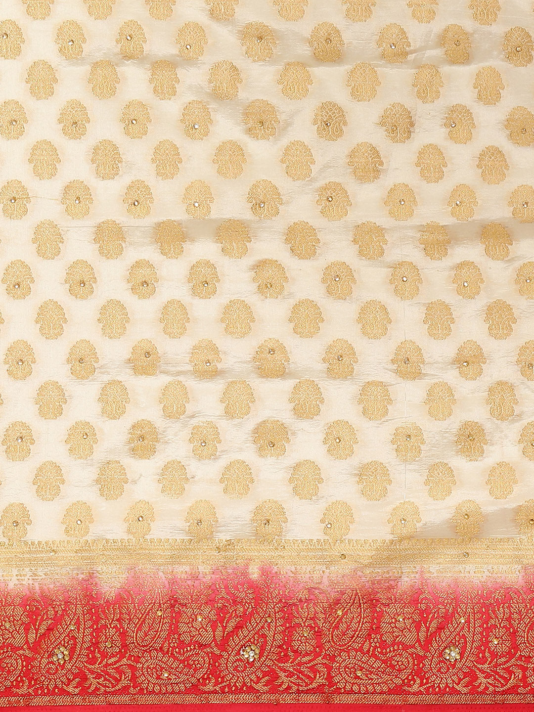 Cream Red Banarasi Paisley Motifs Stone Embellished Silk Saree