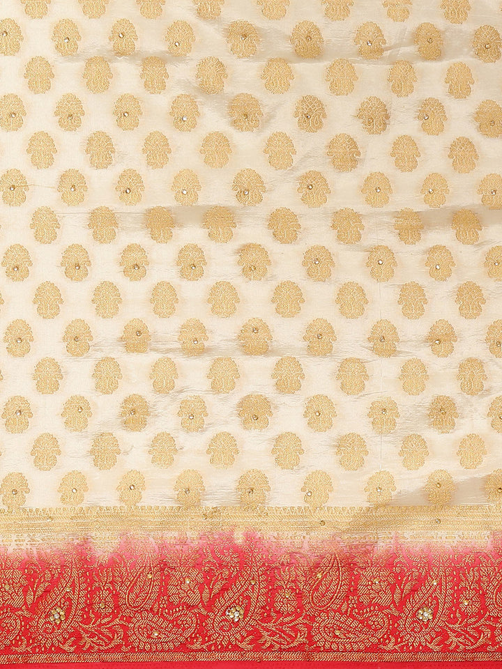 Cream Red Banarasi Paisley Motifs Stone Embellished Silk Saree