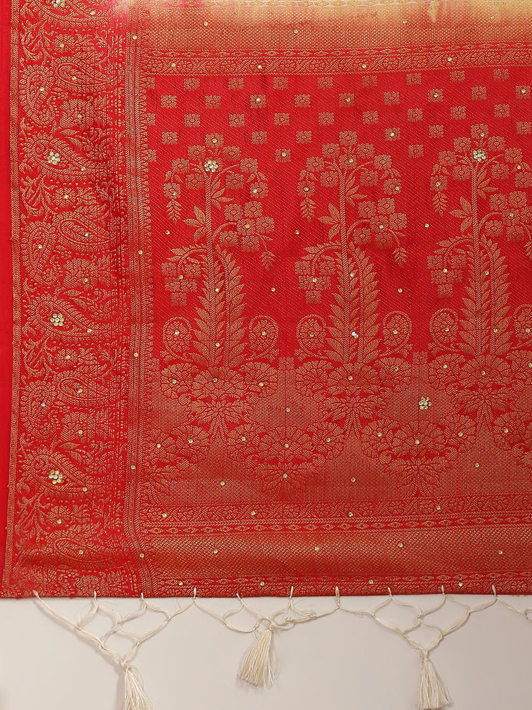 Cream Red Banarasi Paisley Motifs Stone Embellished Silk Saree