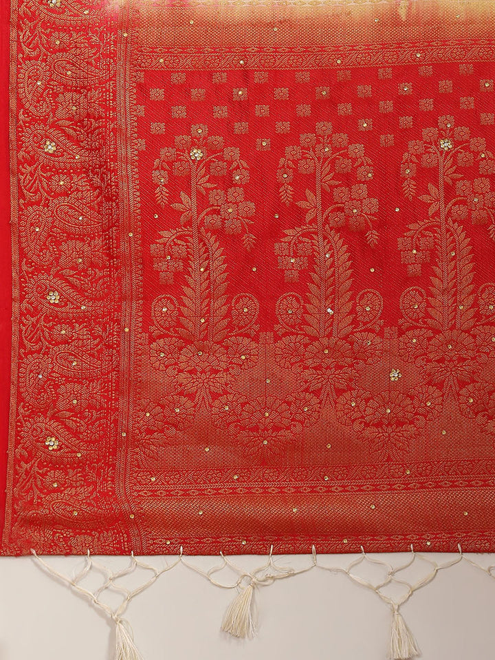 Cream Red Banarasi Paisley Motifs Stone Embellished Silk Saree