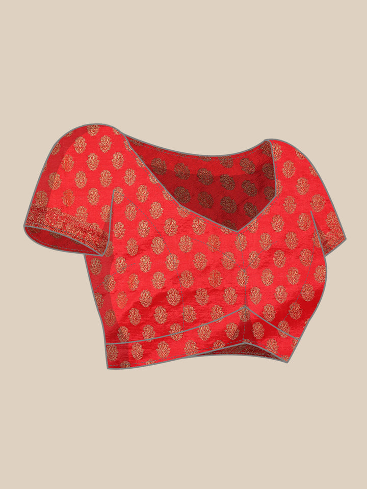 Cream Red Banarasi Paisley Motifs Stone Embellished Silk Saree
