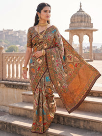 Patola Print Silk Saree with Animal Motif in Olive Green