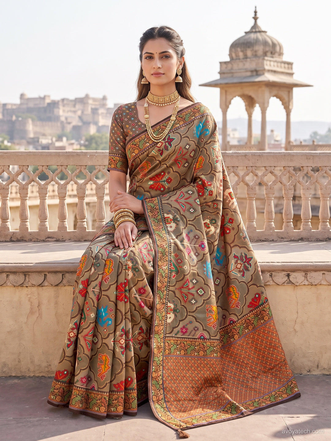 Patola Print Silk Saree with Animal Motif in Olive Green