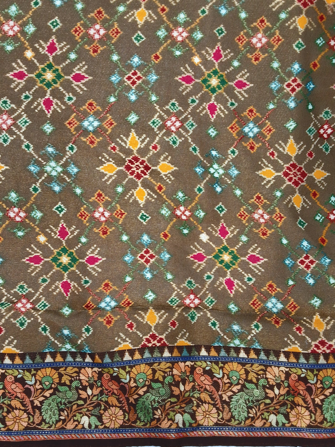 Patola Print Silk Saree with Animal Motif in Olive Green