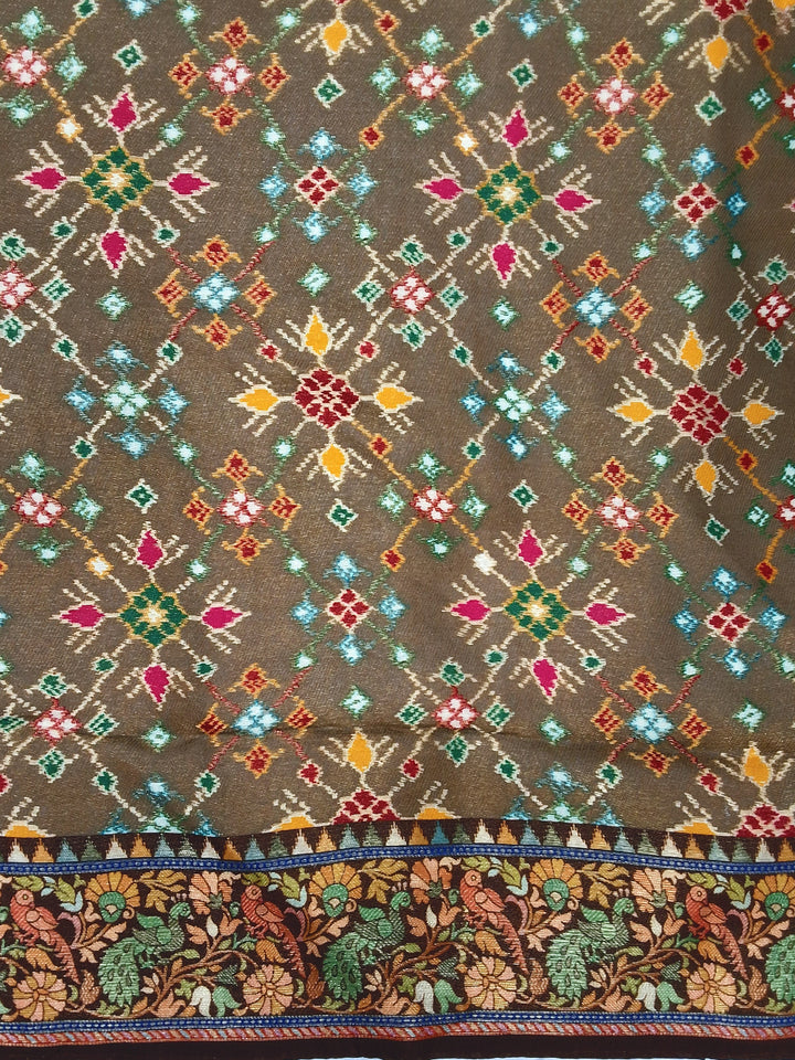 Patola Print Silk Saree with Animal Motif in Olive Green