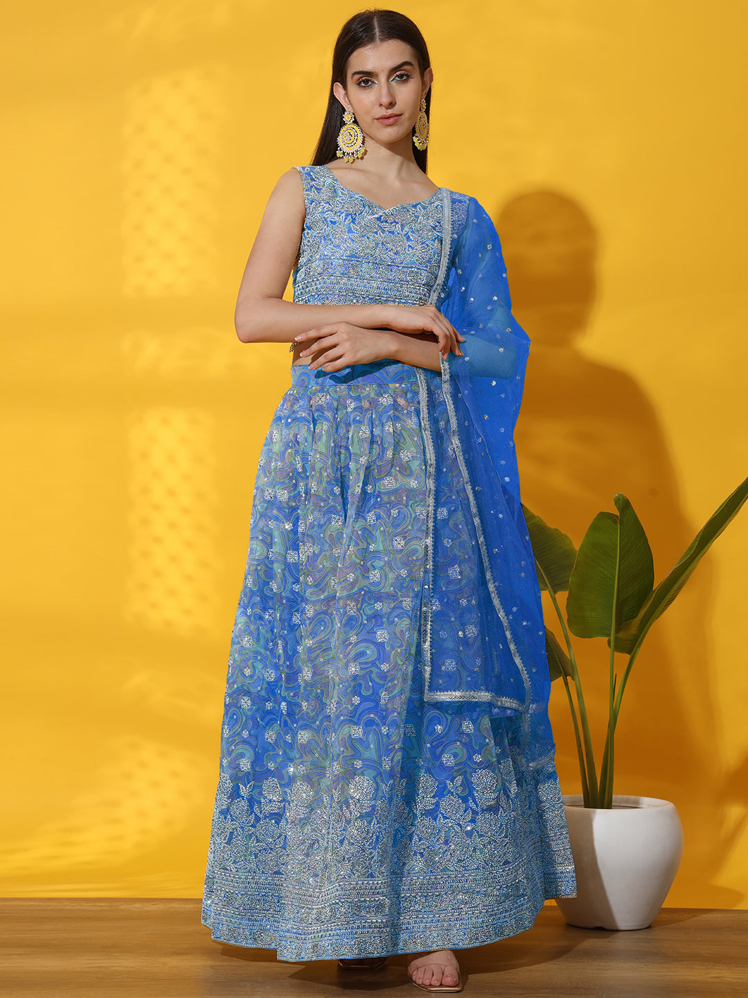 Digital Print Organza Lehenga set with Embellished Tassled Blouse