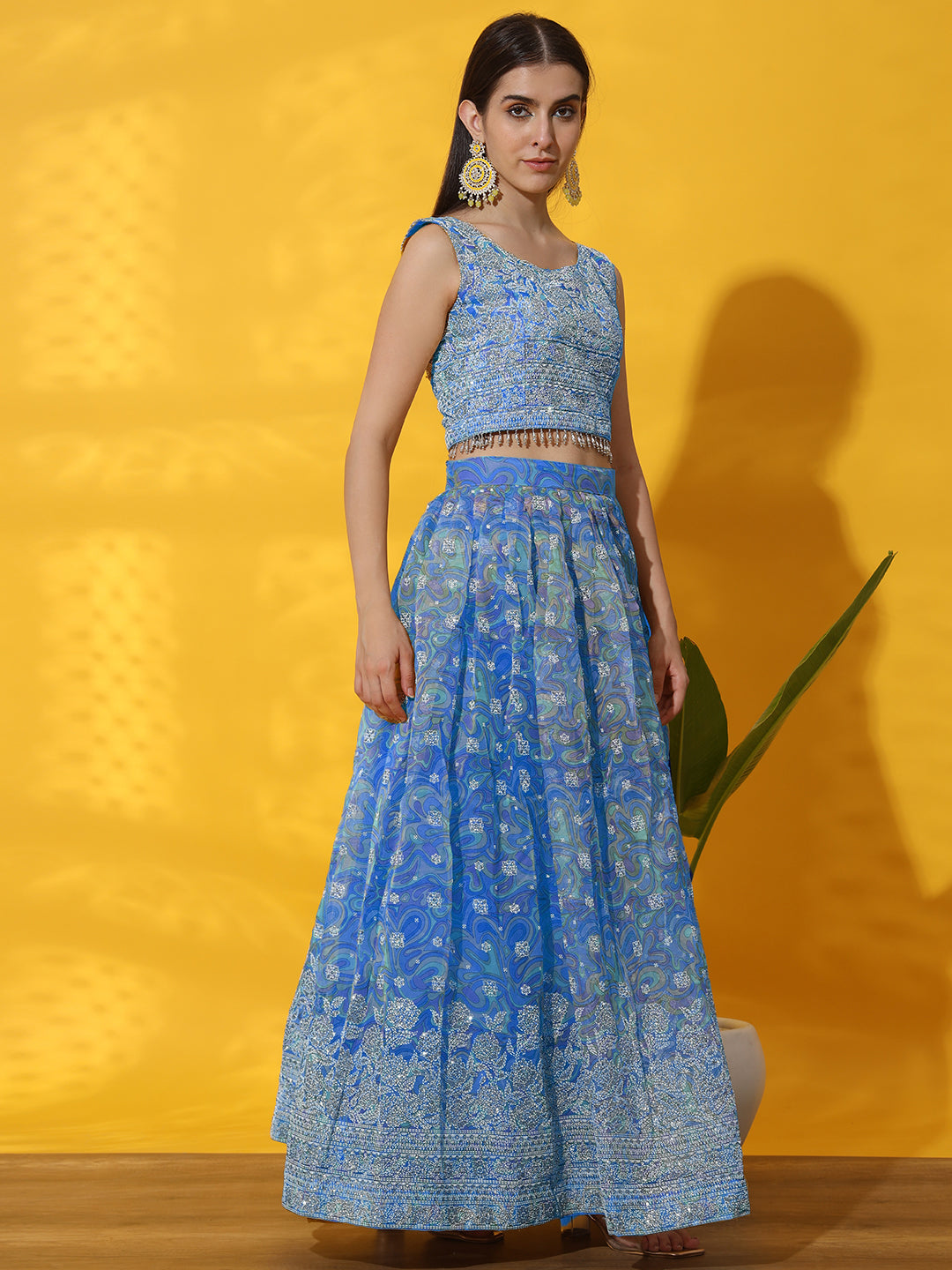 Digital Print Organza Lehenga set with Embellished Tassled Blouse
