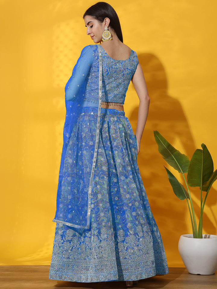 Digital Print Organza Lehenga set with Embellished Tassled Blouse