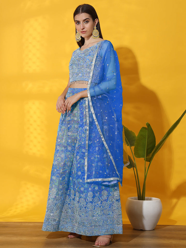 Digital Print Organza Lehenga set with Embellished Tassled Blouse
