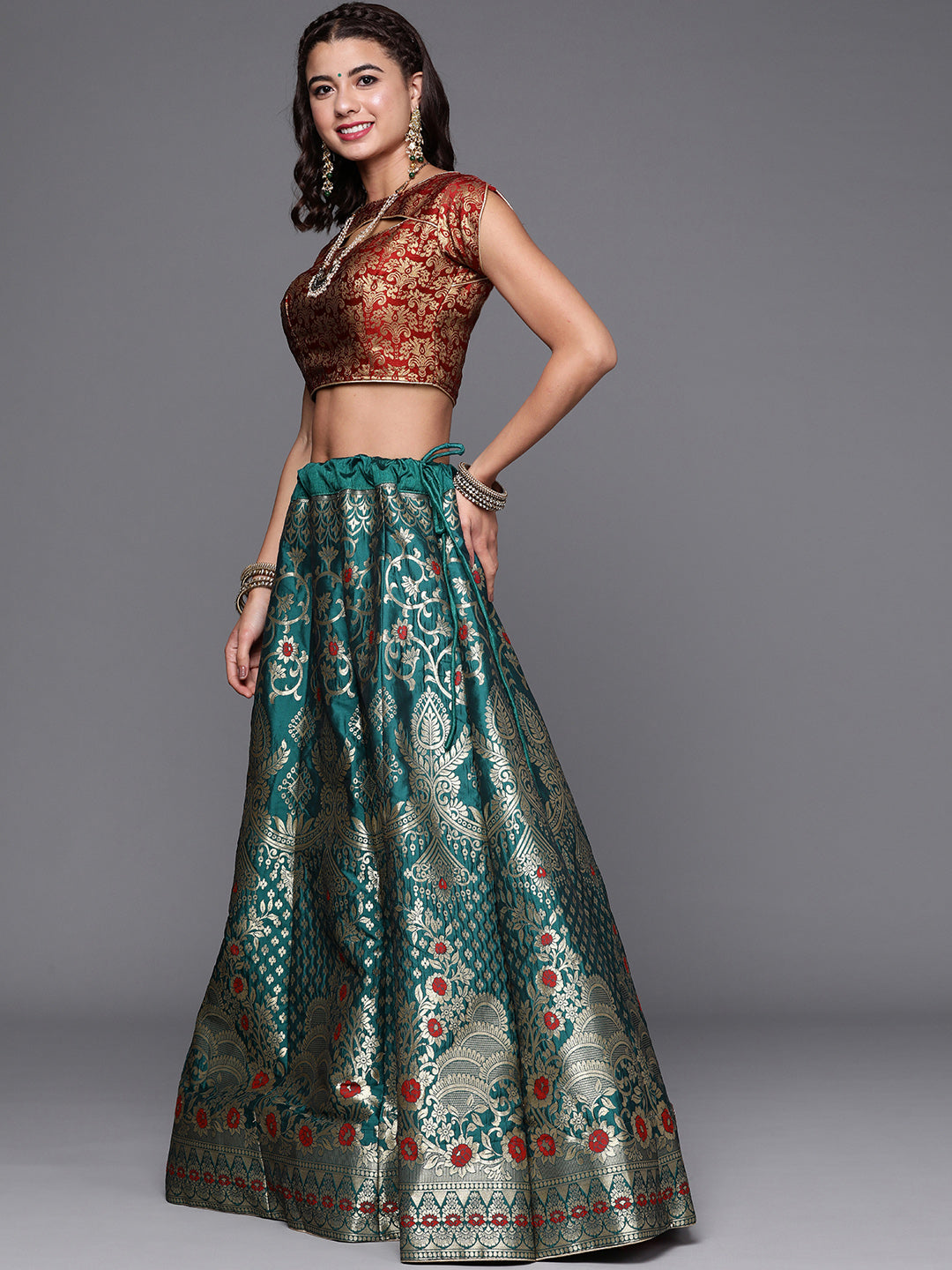 Teal Semi Stitched Banarasi Brocade Silk Ethnic Lehenga Choli with Zari & Resham Weaving