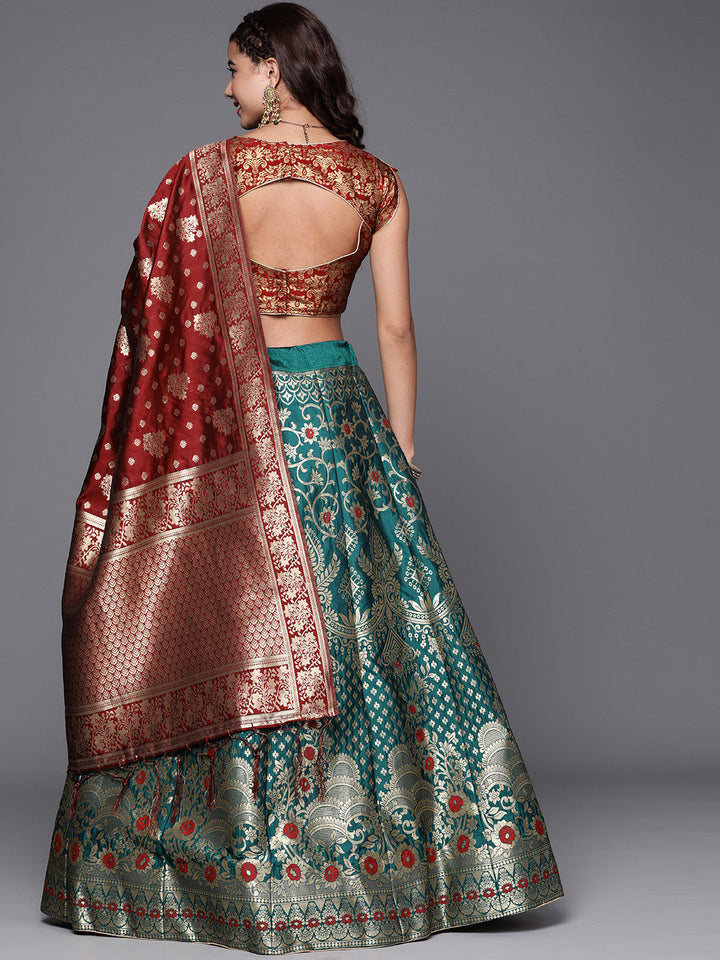 Teal Semi Stitched Banarasi Brocade Silk Ethnic Lehenga Choli with Zari & Resham Weaving