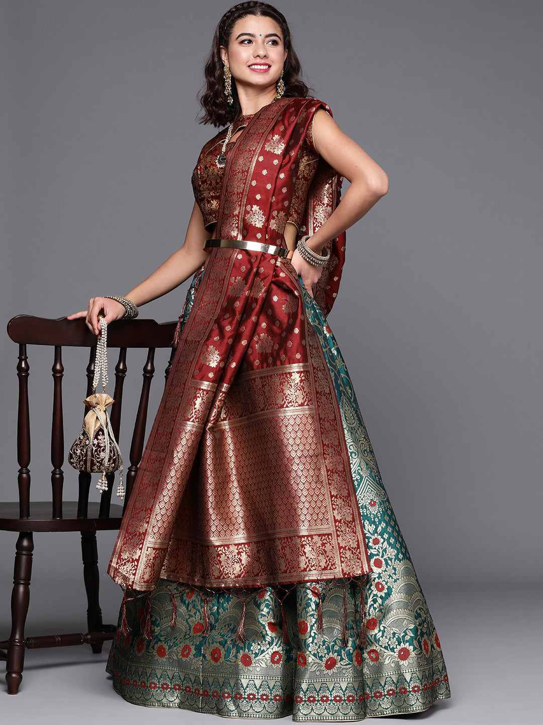 Teal Semi Stitched Banarasi Brocade Silk Ethnic Lehenga Choli with Zari & Resham Weaving