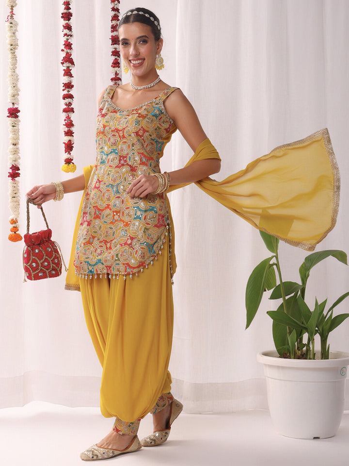 Chhabra 555 Multicolor Resham Embroidered Kurta Set with Harem Pants and Tasseled Curved Hemline