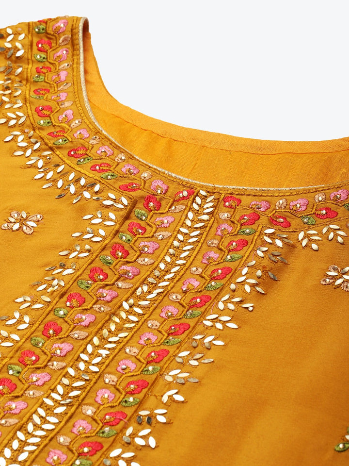 Mustard Resham Embroidered & Mirror Embellished Unstitched Suit Set