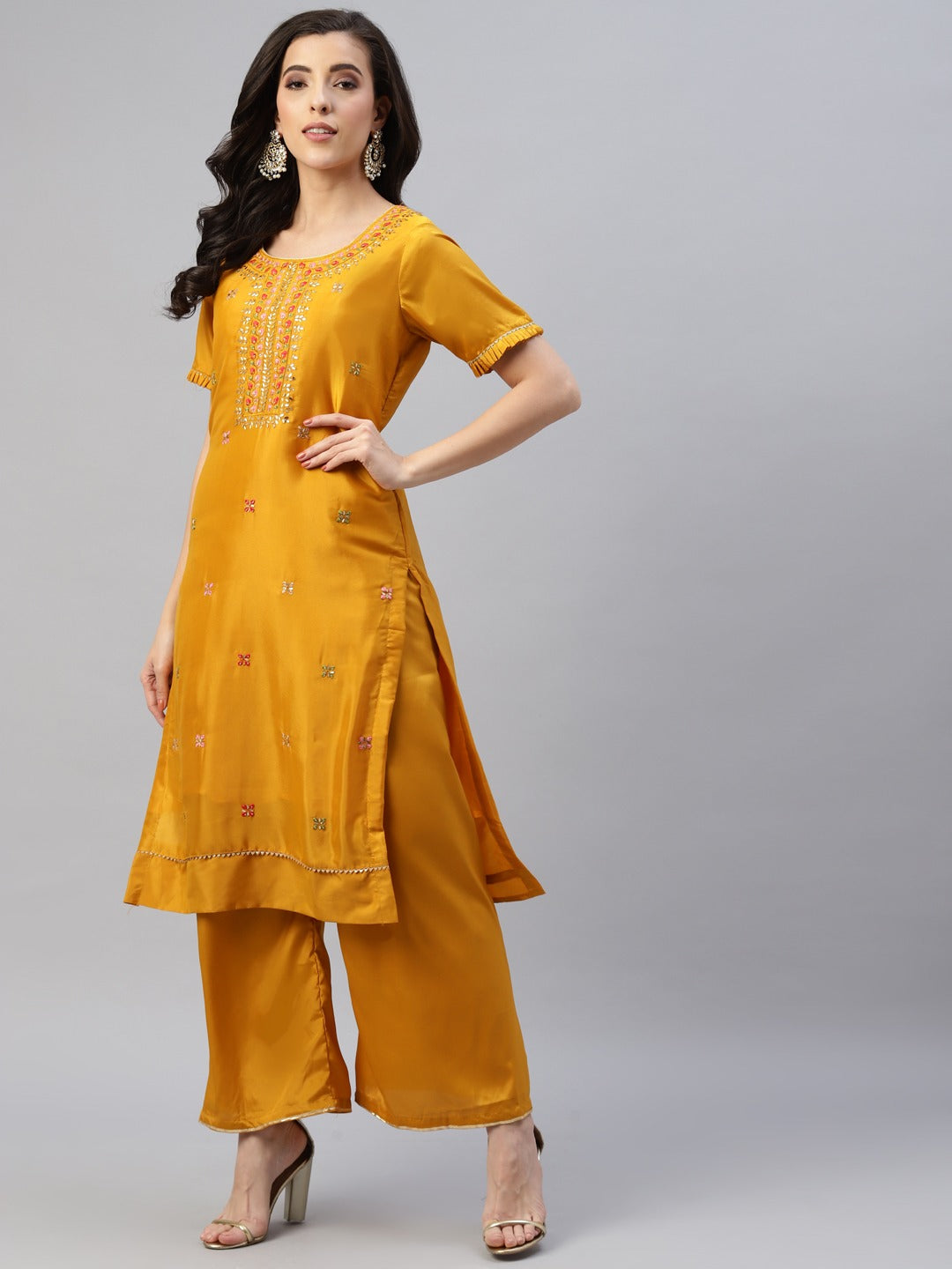 Mustard Resham Embroidered & Mirror Embellished Unstitched Suit Set