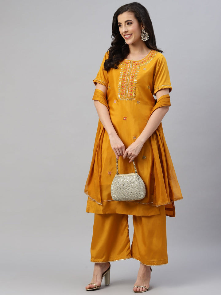 Mustard Resham Embroidered & Mirror Embellished Unstitched Suit Set