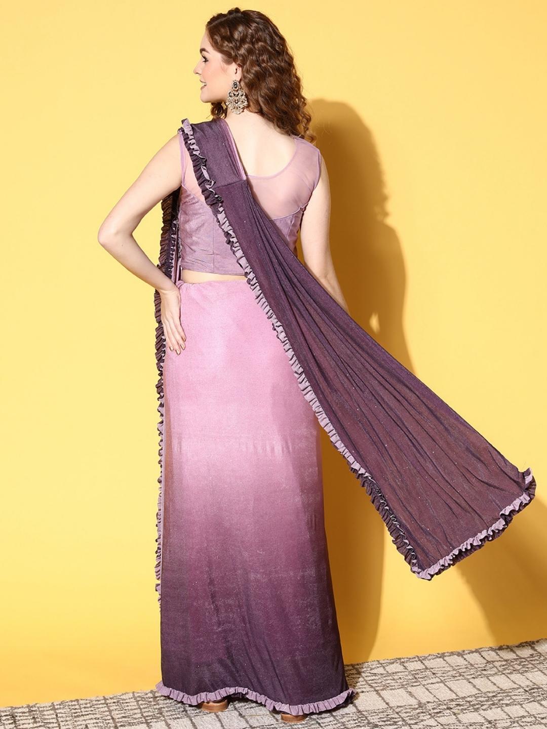 Violet Ready To Wear Lycra Ombre Ruffled Saree with Embellished Blouse