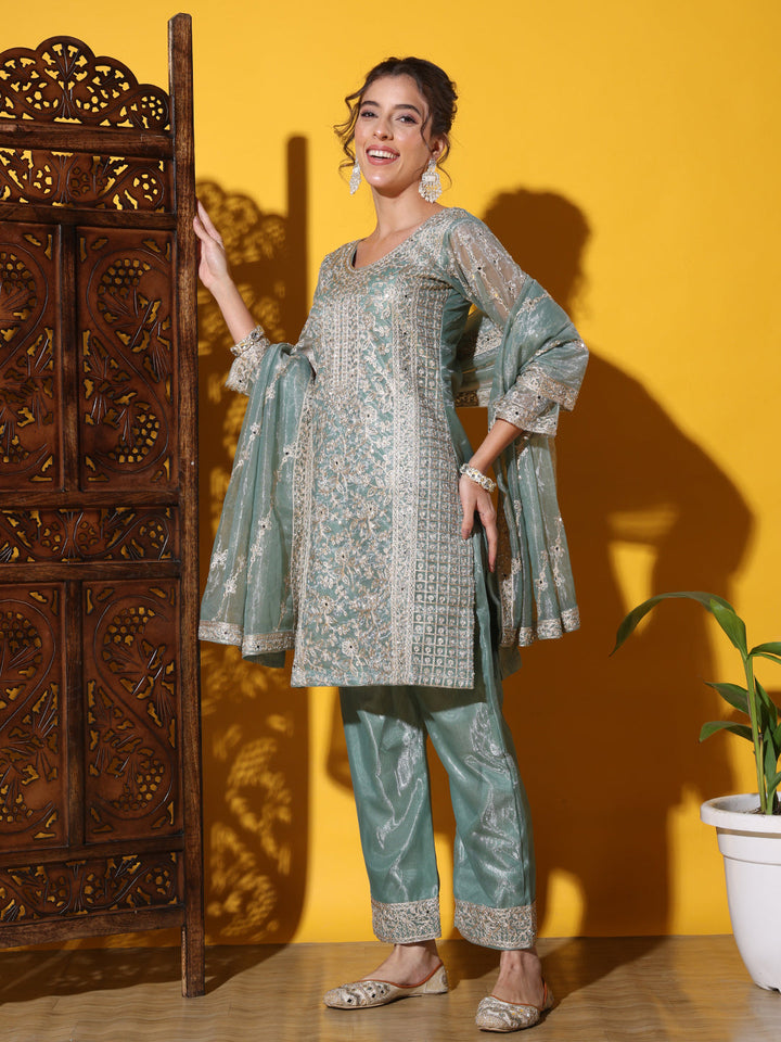 Dori Embroidered & Mirror Work Organza Kurta Set
