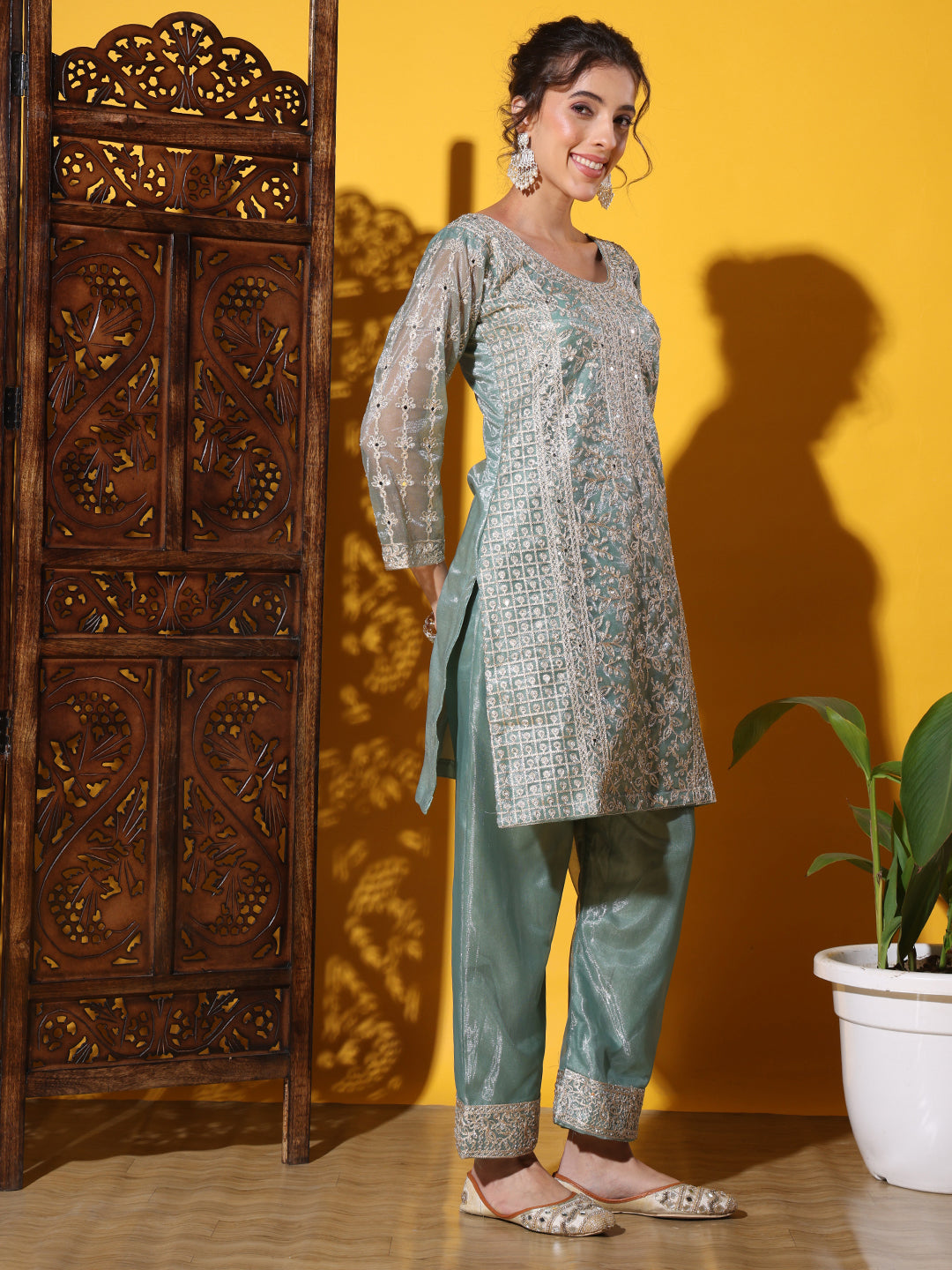Dori Embroidered & Mirror Work Organza Kurta Set
