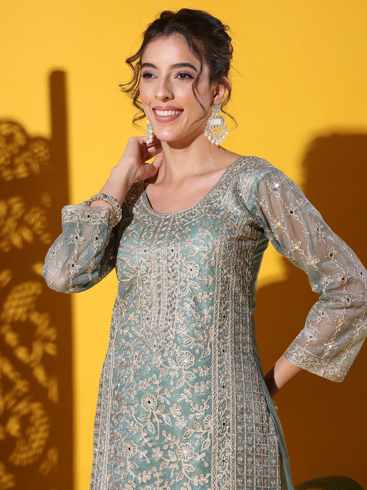 Dori Embroidered & Mirror Work Organza Kurta Set