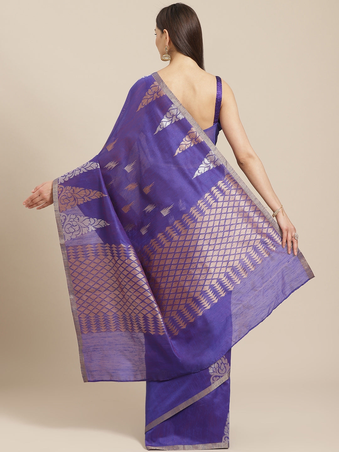 Chanderi Ikat Inspired Jute Slub Saree with Kanjivaram Temple Pattern in Zari