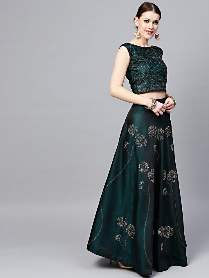 Embellished Silk Crop Top Lehenga in Floral Pattern