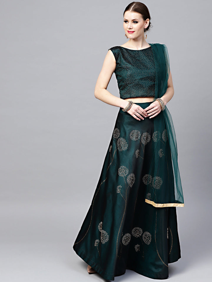 Embellished Silk Crop Top Lehenga in Floral Pattern