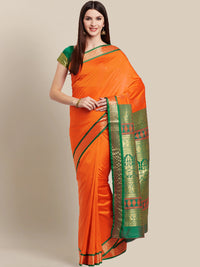 Orange & Green Banarasi Silk Narayan Pet Traditional Saree
