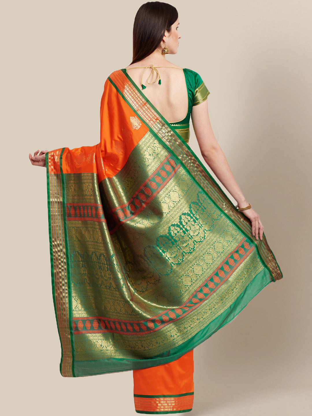 Orange & Green Banarasi Silk Narayan Pet Traditional Saree