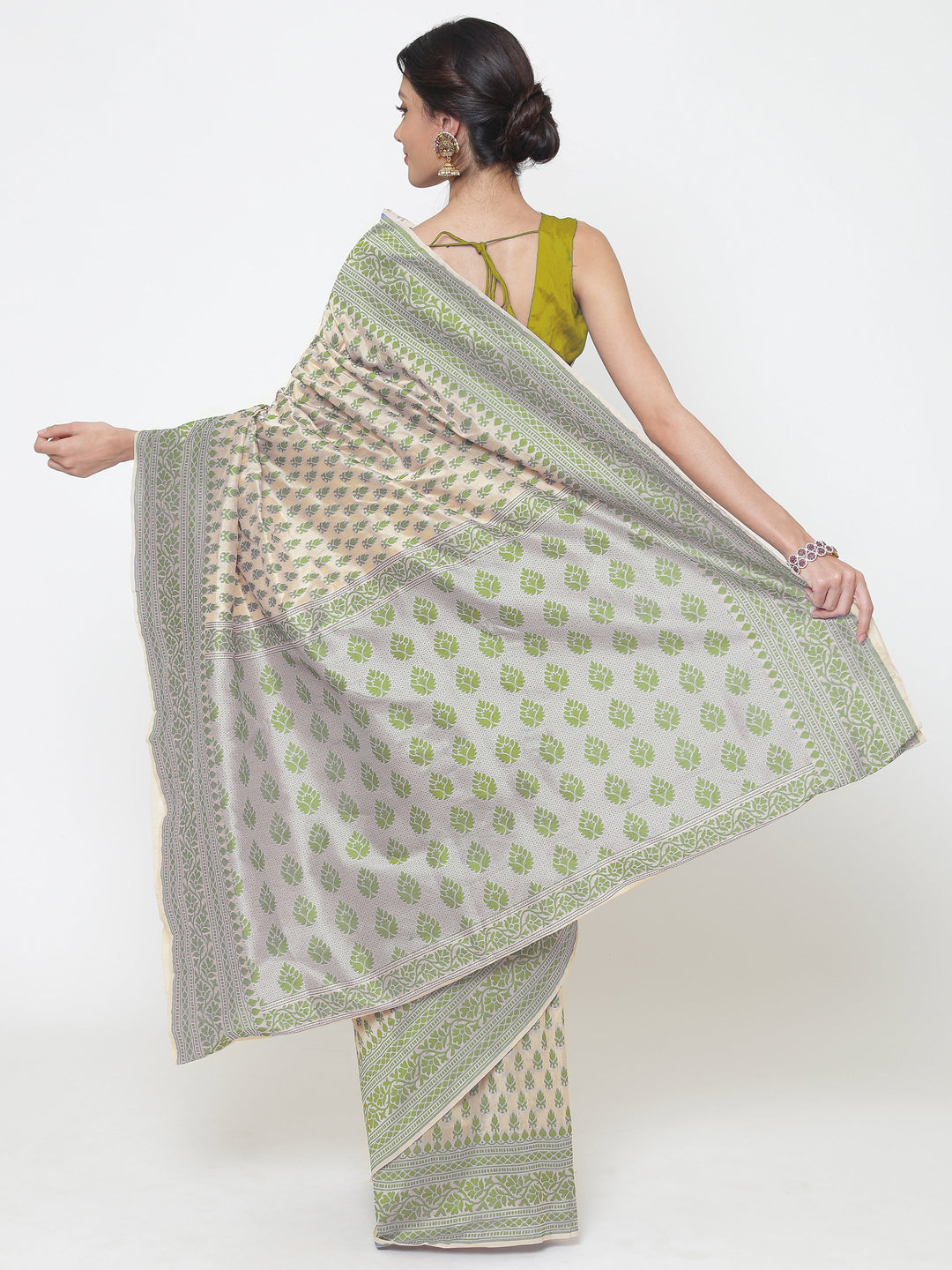 Cream Green Cotton Silk saree with handloom weaving floral patterns and a broad border