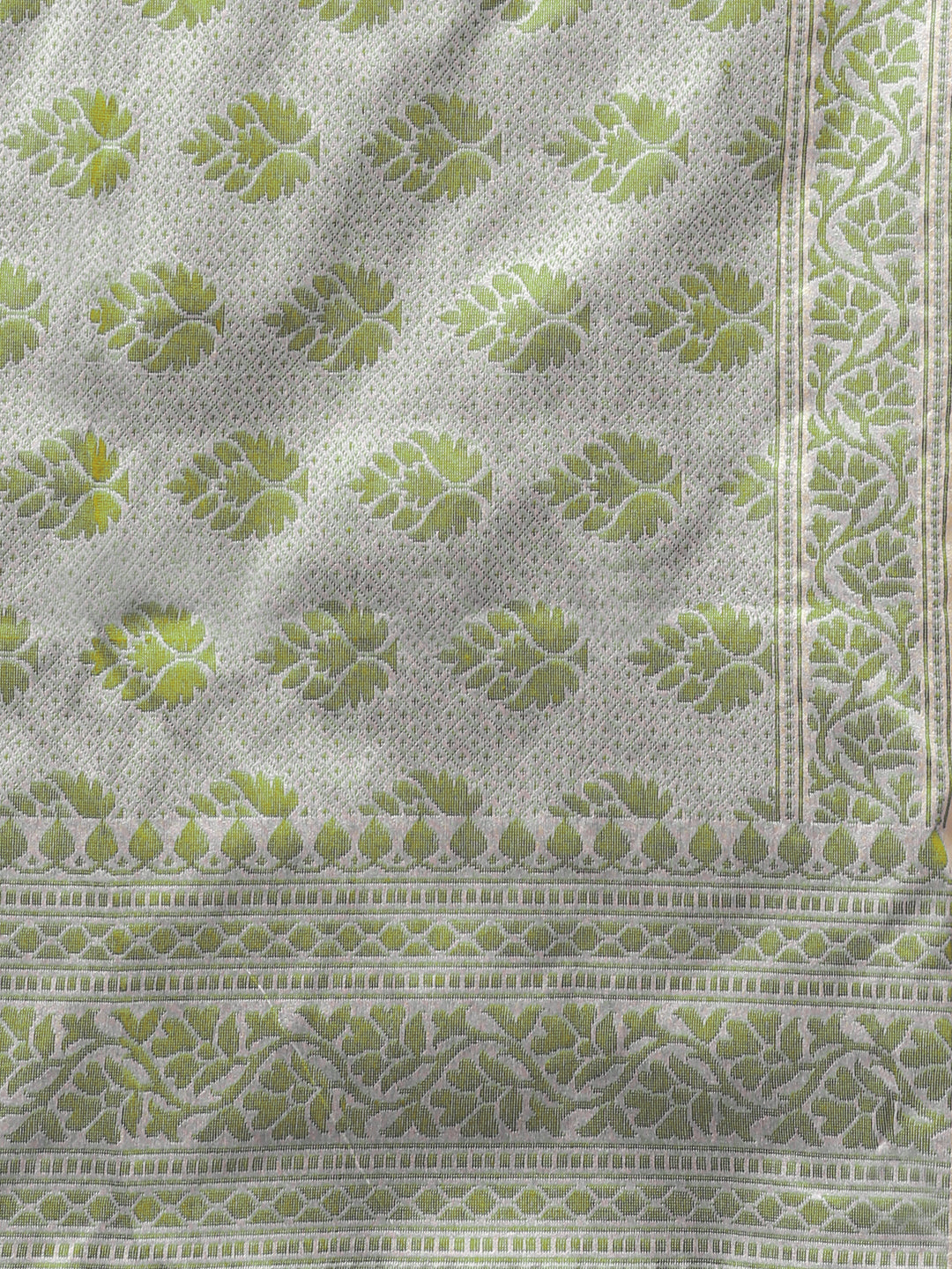 Cream Green Cotton Silk saree with handloom weaving floral patterns and a broad border