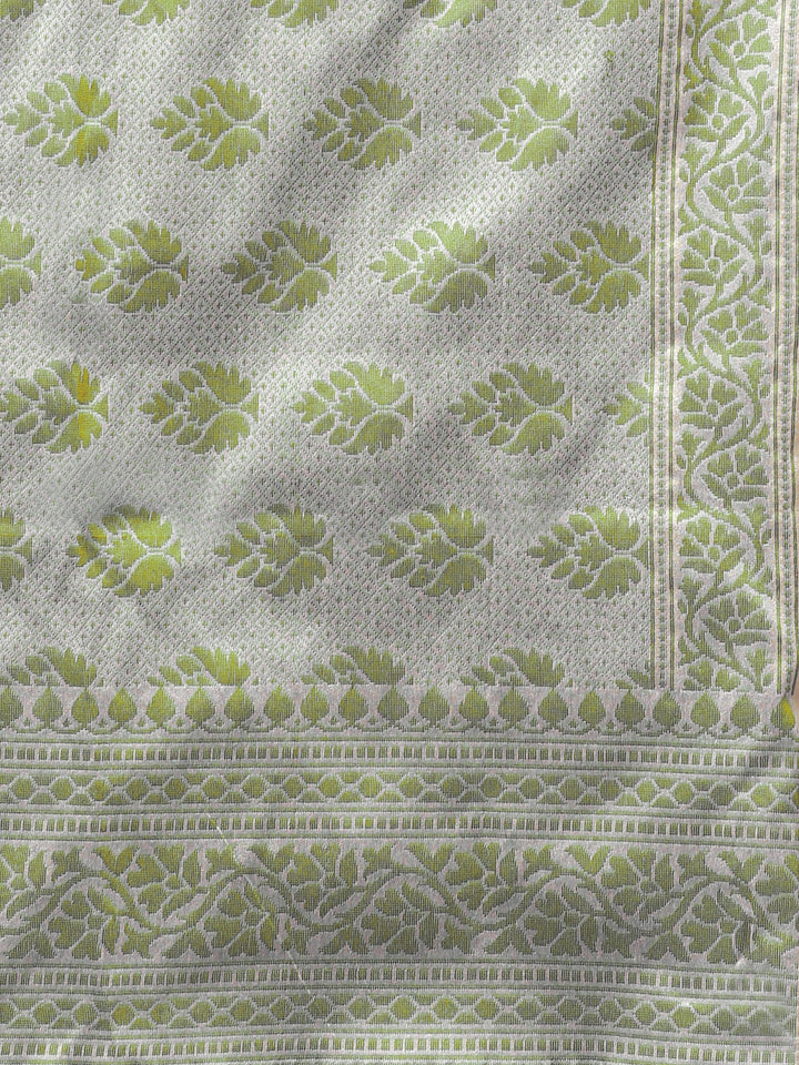 Cream Green Cotton Silk saree with handloom weaving floral patterns and a broad border