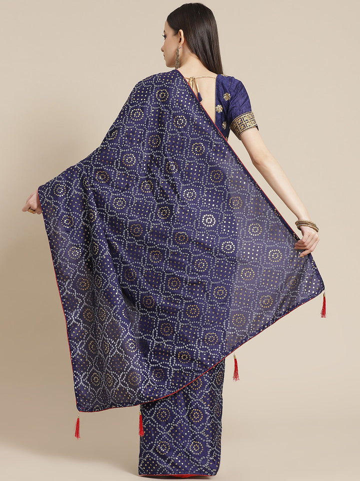 Silk Batik Bandhani Print Saree With Contrast Blouse & Matching Belt