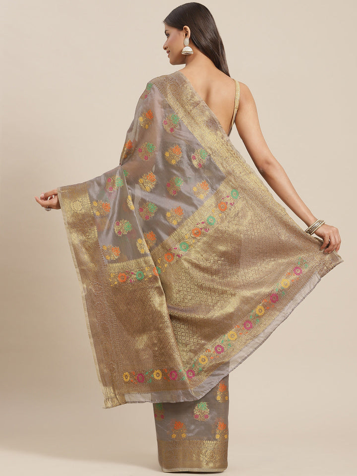 Grey Chanderi Brocade Traditional Saree with Meenakari Floral Motifs