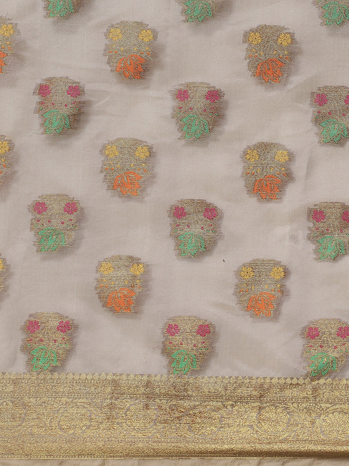 Grey Chanderi Brocade Traditional Saree with Meenakari Floral Motifs
